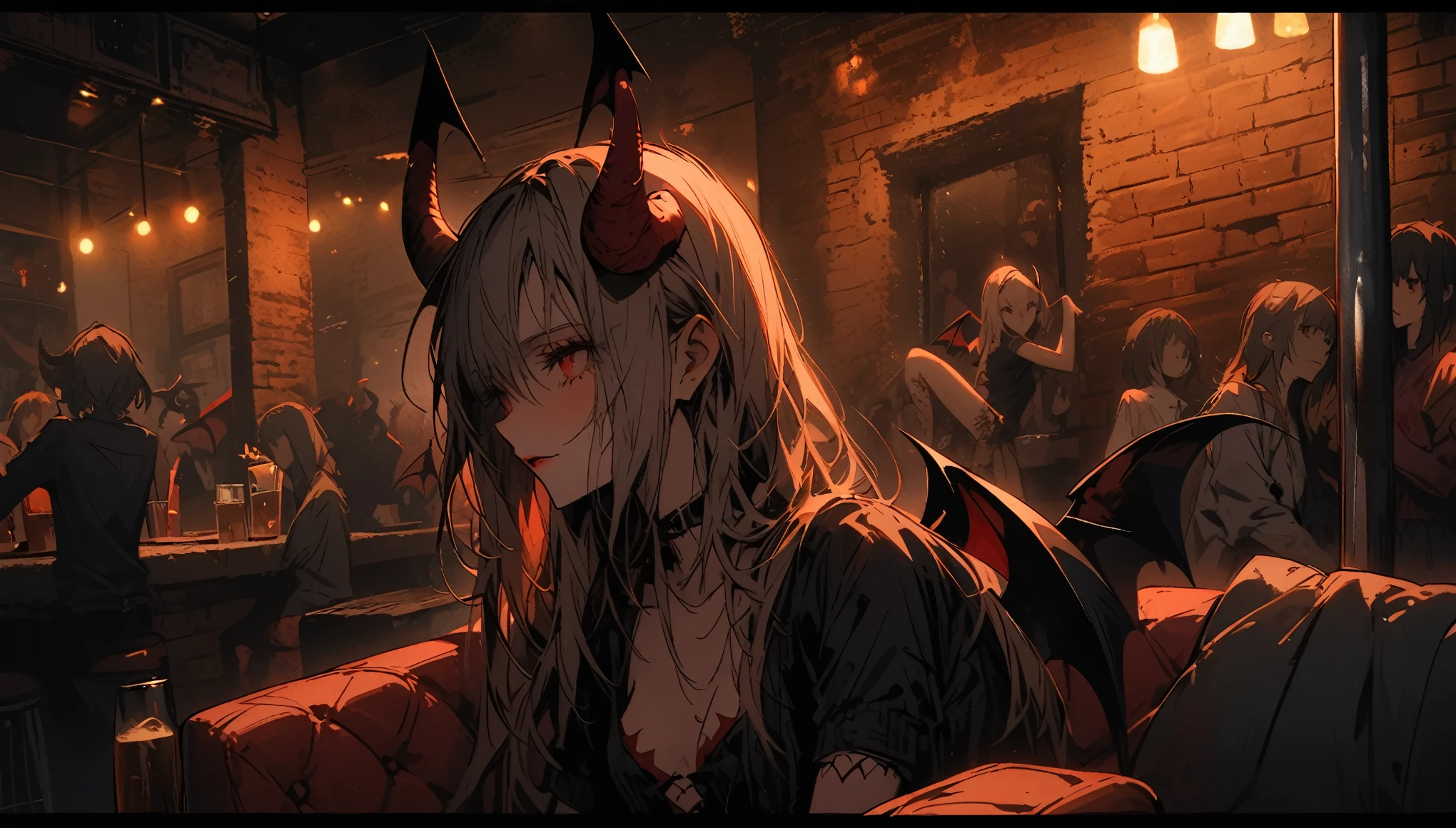female, succubus, demon wings, demon horns, intimate atmosphere, friendly atmosphere, bar, pole dancing, people, grungy, drinks and coffee, brick walls, comfy sofa, quiet conversation, close up