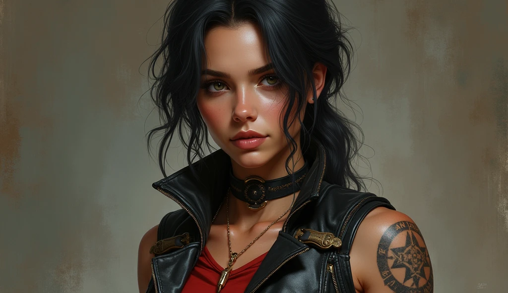 Woman with a leather vest and a tattoo on her arm, female main character, female character, loba andrade de apex legends, attractive androgynous humanoid, solo female character, High quality portrait, sigma woman, Portrait c 12.0, portrait c 1 2. 0, cyborg merchant woman, centered portrait, npc with saint halo