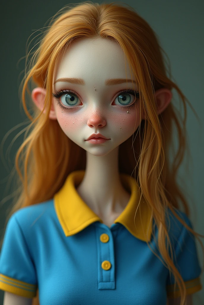 Young adult woman very thin long hair yellow like straw thin face thin nose blue polo shirt with yellow collar make her look ugly a little rude