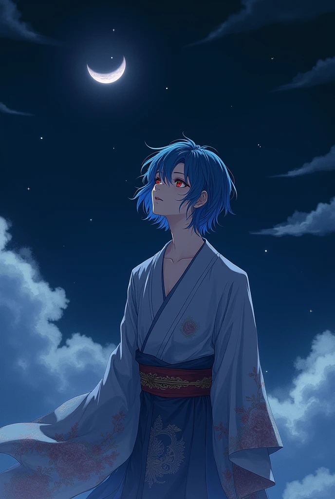 A young man with blue hair and red eyes looking up at a waning moon at night wearing Japanese kimono style clothing
