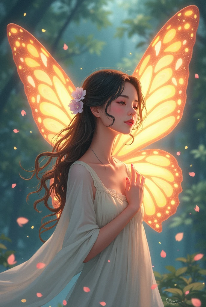 I would like an image that is about a woman healing her heart transforming into a butterfly in anime
