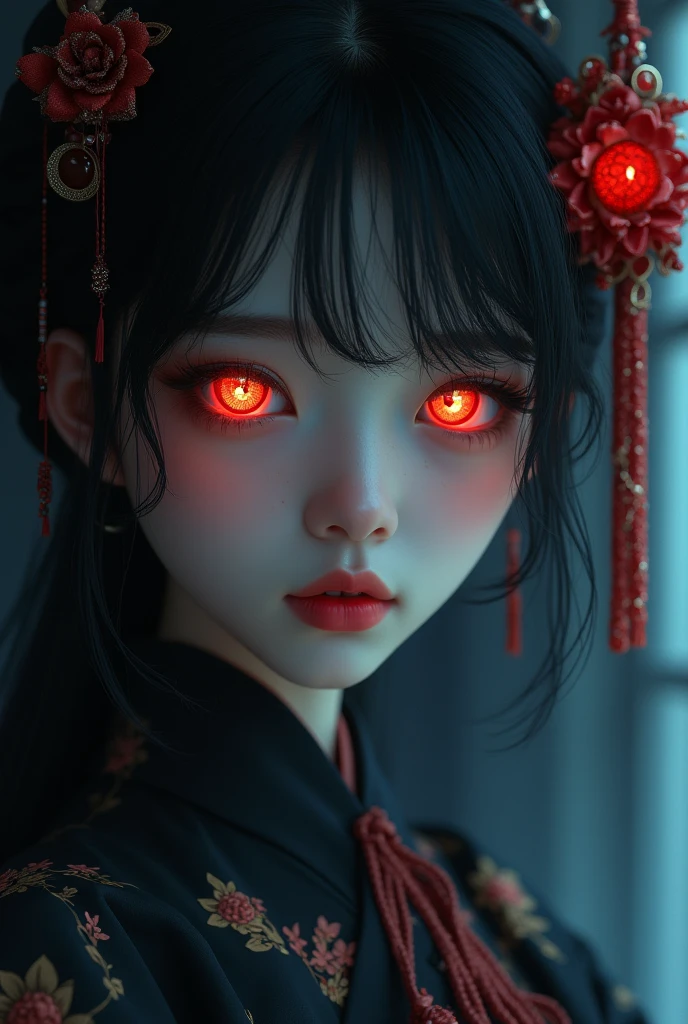1girl, beautiful detailed eyes, beautiful detailed lips, extremely detailed face, long eyelashes, japanese, dark princess, cute face, elegant, graceful, dramatic lighting, glowing eyes, dark fantasy, highly detailed, digital painting, concept art, realistic, cinematic, dramatic shadows, moody colors, rich colors, atmospheric,
