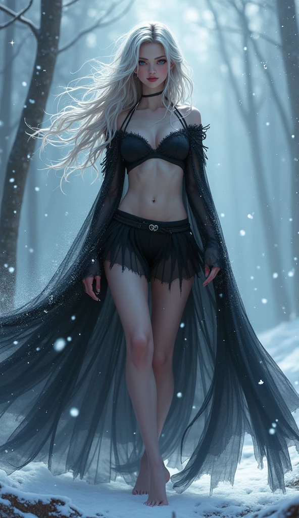 elsa arendelle, Messy loose hair, full body, beautiful, magnific, malefic, full body, mini dress, mini skirt, mini top, barefoot, aproaching, bellybuttom, in the style of the stars art group (xing xing) , black and silver, Snowflakes, romantic illustrations, intense lines, gongbi, loose paint application, digital art