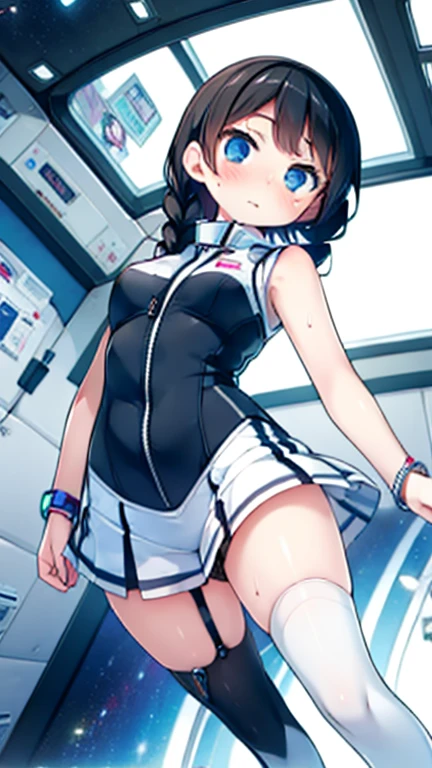 (Highest quality), (masterpiece), 1080P, High resolution, 4K, 8k, Inside the space station、Futuristic room、Thigh straps, Shooting from directly below, The woman on top of me, 白いSweat, Covered , Sweat, Woman looking down, Skirt swimsuit, Thigh-high socks, To achieve this, , , whole body, Black leather shoes, Braided hair, Inner Color, Embarrassed face, Short black hair, bracelet, Bedroom,celestial body_Vest