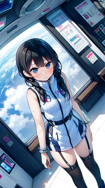 (Highest quality), (masterpiece), 1080P, High resolution, 4K, 8k, Inside the space station、Futuristic room、Thigh straps, Shooting from directly below, The woman on top of me, 白いSweat, Covered , Sweat, Woman looking down, Skirt swimsuit, Thigh-high socks, To achieve this, , , whole body, Black leather shoes, Braided hair, Inner Color, Embarrassed face, Short black hair, bracelet, Bedroom,celestial body_Vest