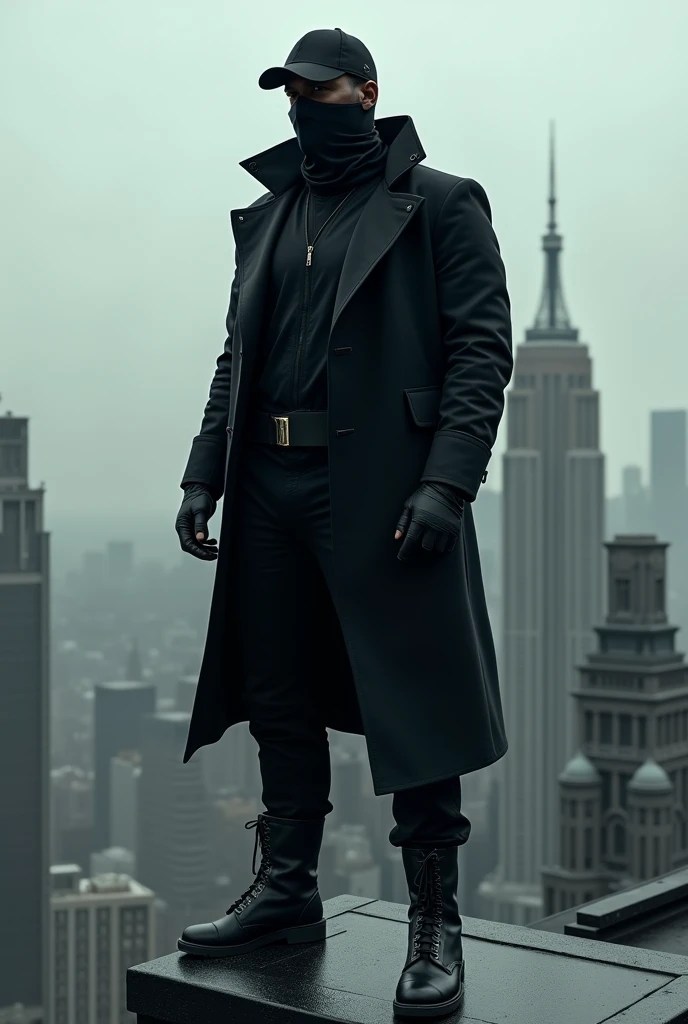 Tall, black-skinned man, wearing black surgical mask, Black cap, Black jacke, black pants and black boots, on top of the building 