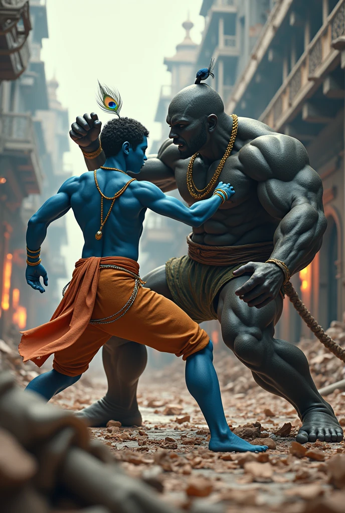 3d muscular small teen krishna with skin blue colour wearing gold ornaments peakock one feather on head
fights with 3d heighted dark fat man highly graphic war scene depicting them engaged in martial arts