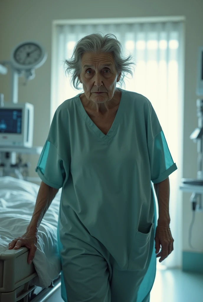 an old woman walking awway of her hospital bed 