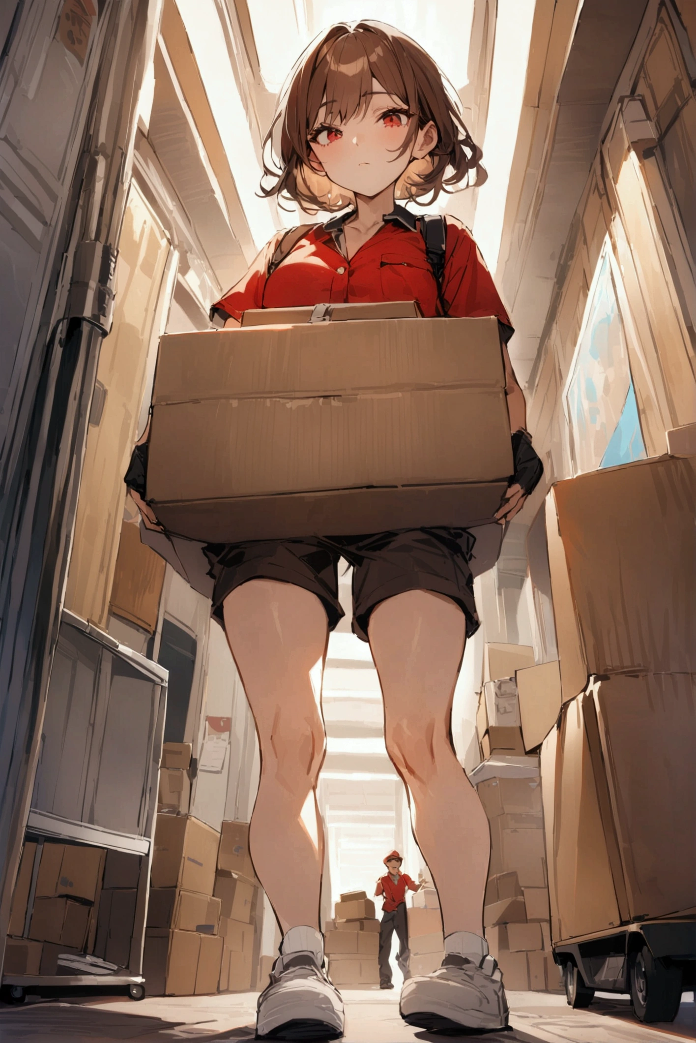 Light cargo,One person, masterpiece, Shortcuts, Brown Hair, Red eyes, Wide-angle shot, Delivery Person,Baggage,Cardboard,Light van