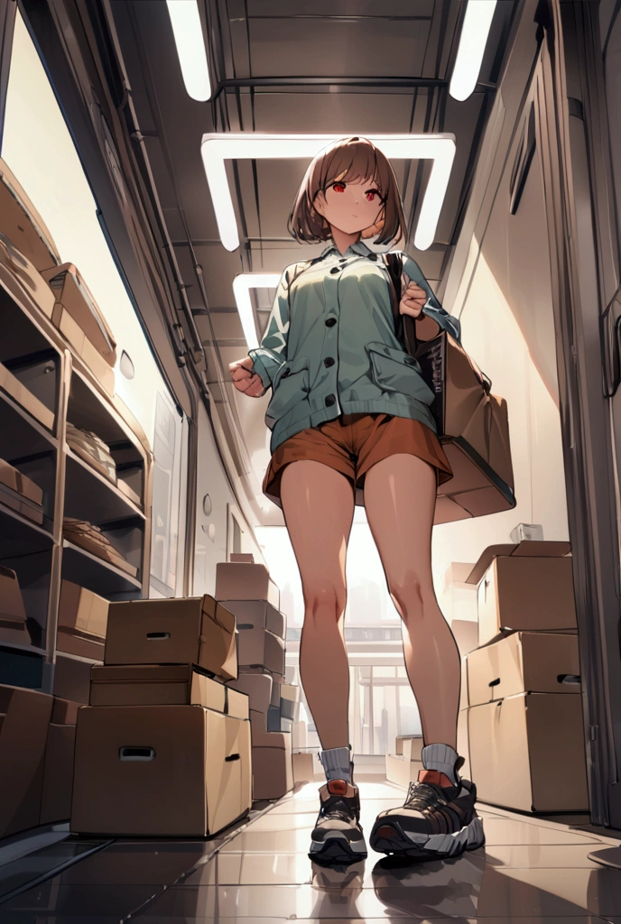 Light cargo,One person, masterpiece, Shortcuts, Brown Hair, Red eyes,  Wide-angle shot, Delivery Person,Baggage,Cardboard,Light van