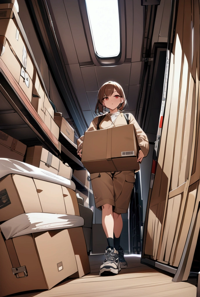 Light cargo,One person, masterpiece, Shortcuts, Brown Hair, Red eyes,  Wide-angle shot, Delivery Person,Baggage,Cardboard,Light van