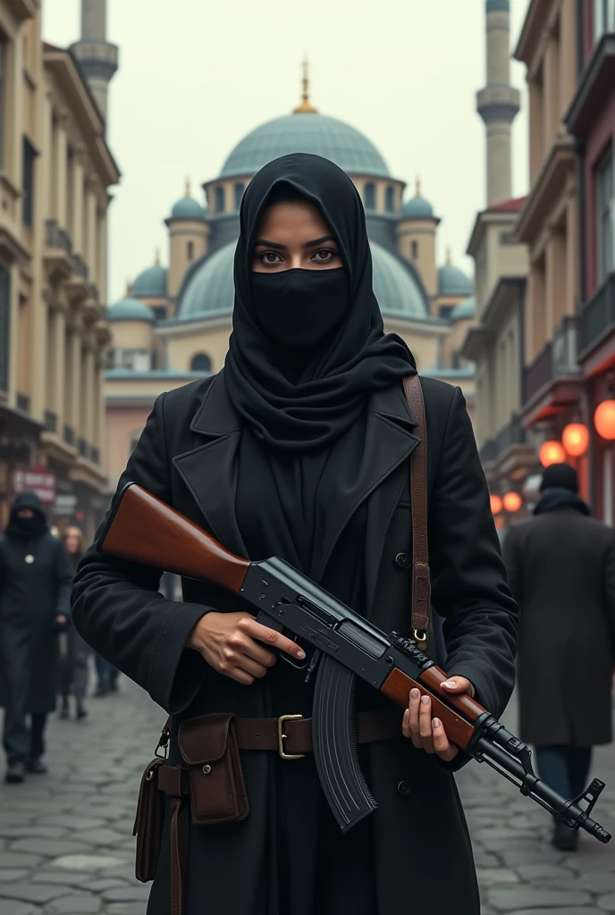 Guerrilla with a mask on her face and a Kalashnikov in her hand is on the streets of Istanbul