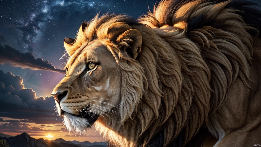 Lion, Divine Lion, naturals, naturals, ferocious, masculine, mighty, golden lion, Powerful Lion, beautiful nature, Great Realistic Lion, FullHD 8k, Light of sky, sunset night, Clear sky Sun, golden black, black andwhite, black and gold, detailed realistic face, 8k Detailed Realistic White Lion, ultrarealistic 8k |Energia de thunder realista detalhada, Strong Creature realista detalhada, Strong Creature, Lion macho, Rendering, Fotorrealista 8k, UltraHD Alta definição 8k, Detailed Realista 16K, Nitidez Fotorrealista 8k, 16K photorealistic textures, Contraste Fotorrealista 8k, Sombras Fotorrealistas 8k, Luzes Fotorrealistas 8k, Detailed Realistic Sunset, Detailed Realistic Lion Face, Detailed realistic light, detailed textures, thunder, detailed shadows, detailed colors, Celestial Electricity, Golden thunder, Lion realista, Ultra Realista 16K, Realista 16K, Realista 16K sharpness, 16K photorealistic textures, 16K realistic colors, powerful creature, Majestic power, Power of Heaven, Great Divine, detailed contrast, realistic contrast, high resolution, detailed colors, fire, villany, divine creature, 8k, realistic detailed, 16K, 8k, High definition, detailed contrast, realistic contrast, high resolution, detailed colors, fire, villany, divine creature, realistic detailed, chic, ferocious,