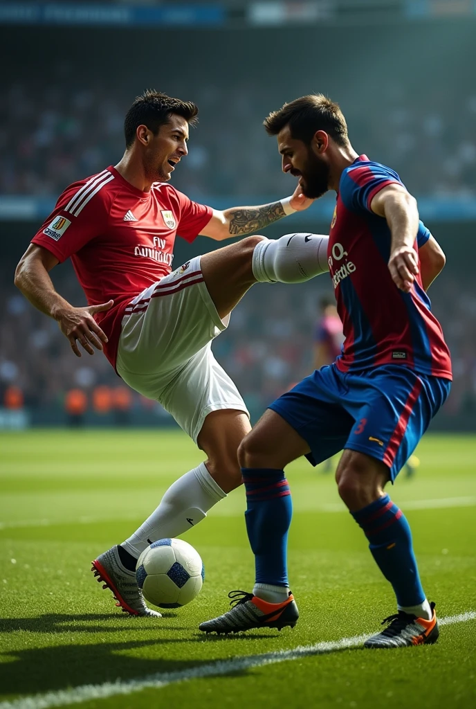 Ronaldo giving a kick on Messi's penis