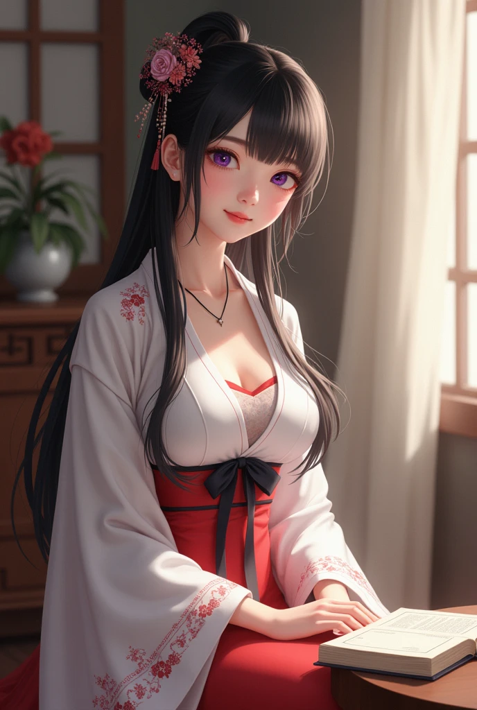 A Chinese girl wearing a white and red hanfu (not cleavage revealing clothes) with a small black bow, black hair, purple eyes, pink lips, small chest, slender, sitting in a room with a book on a table