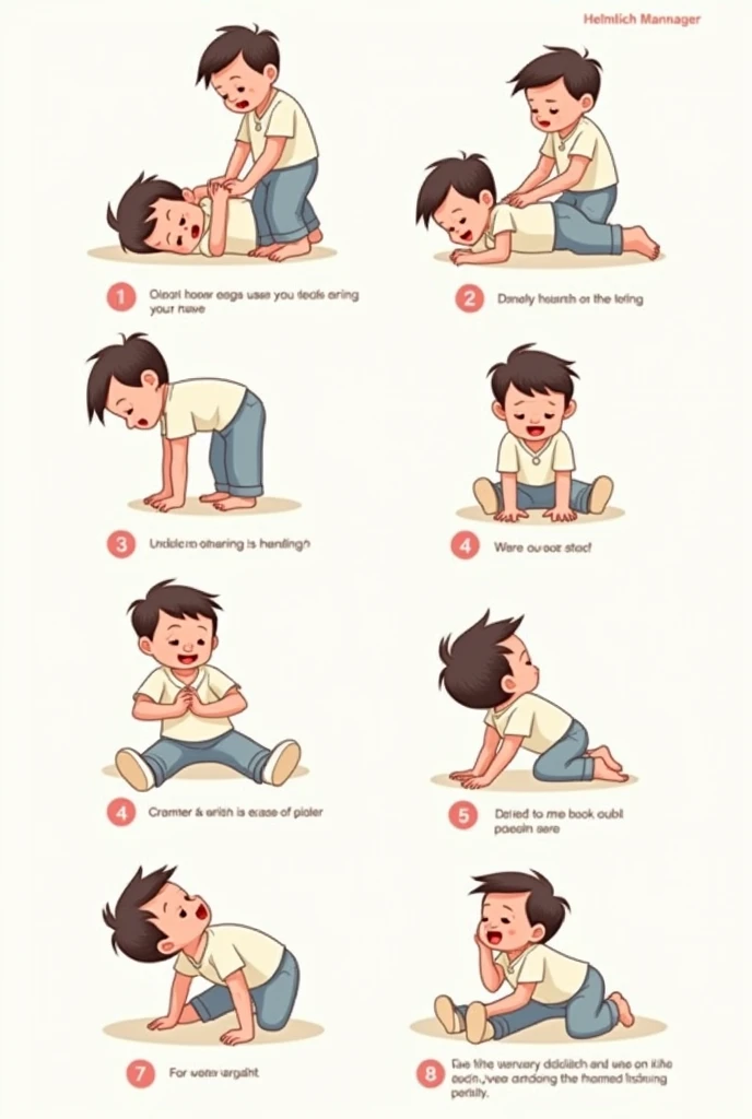 I want an image that portrays: The steps to perform the Heimlich maneuver on a child Modern and vector, with smooth, clean lines, and vibrant colors. Cartoonish but realistic. Color: Using a palette of bright and contrasting colors that are pleasant and eye-catching. FORMAT: Illustrations arranged in a book or manual style. This illustration is intended for a guidance and training manual, so it must be clear, accessible and visually appealing."