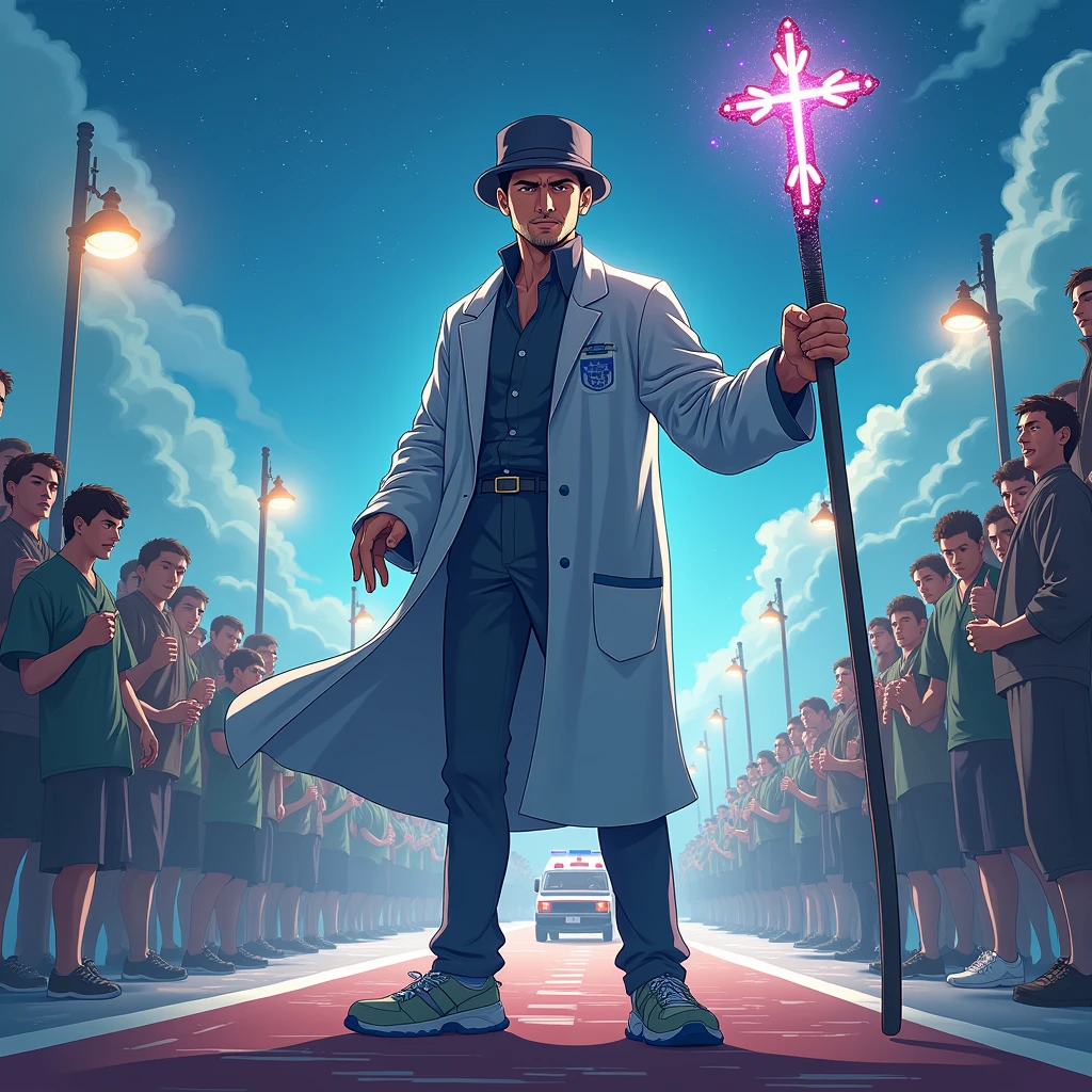a guy in an astrologer's cap with a magic staff in the form of a cross, in shorts and a medical gown stands at the finish line next to an ambulance in anime style