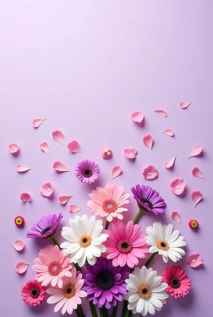 This image is、On a pale purple background々The photo captures a beautiful arrangement of colorful flowers.。The flowers are mostly pink or white、In purple hues、There is a darker area in the center。Also、Petals and buds are scattered all over the place.、The overall effect is vibrant and lively.。The background color enhances the color of the flowers.、It creates an elegant and calm atmosphere。
