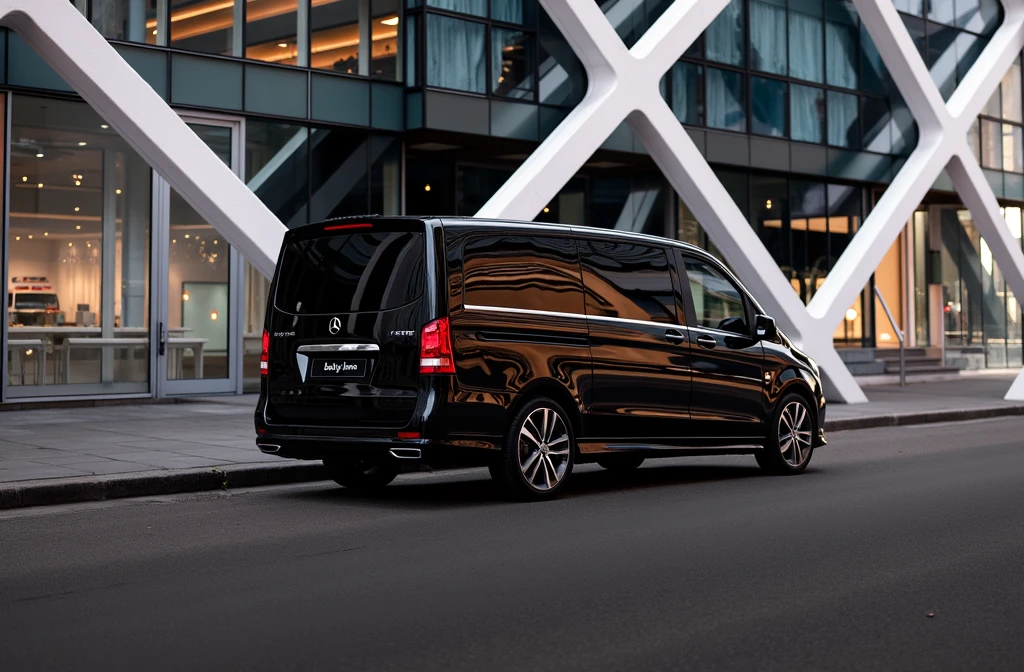 arafed black van parked on the side of the road in front of a building, luxury, award-winning masterpiece, 3/4 front view, front profile, mercedes, luxurious, black car, high quality picture, vehicle profile, vehicle photography, new vehicle, acclaimed masterpiece, front profile shot, a wide full shot, mercedez benz valente with number plate written 'baby limo, full car