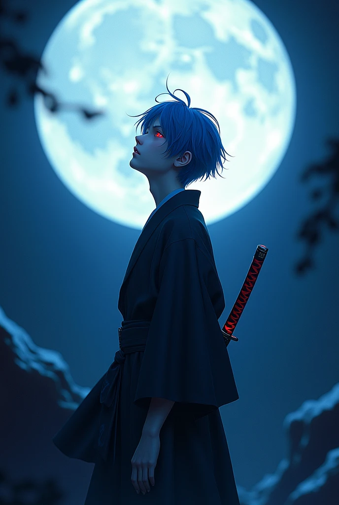 A young man with blue hair and red eyes looking up at a waning moon at night wearing Japanese kimono style clothing and a red hilt katana with a light blue edge