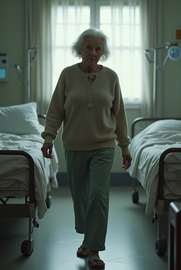 an old woman wearing normal clothes walking awway of her hospital bed 