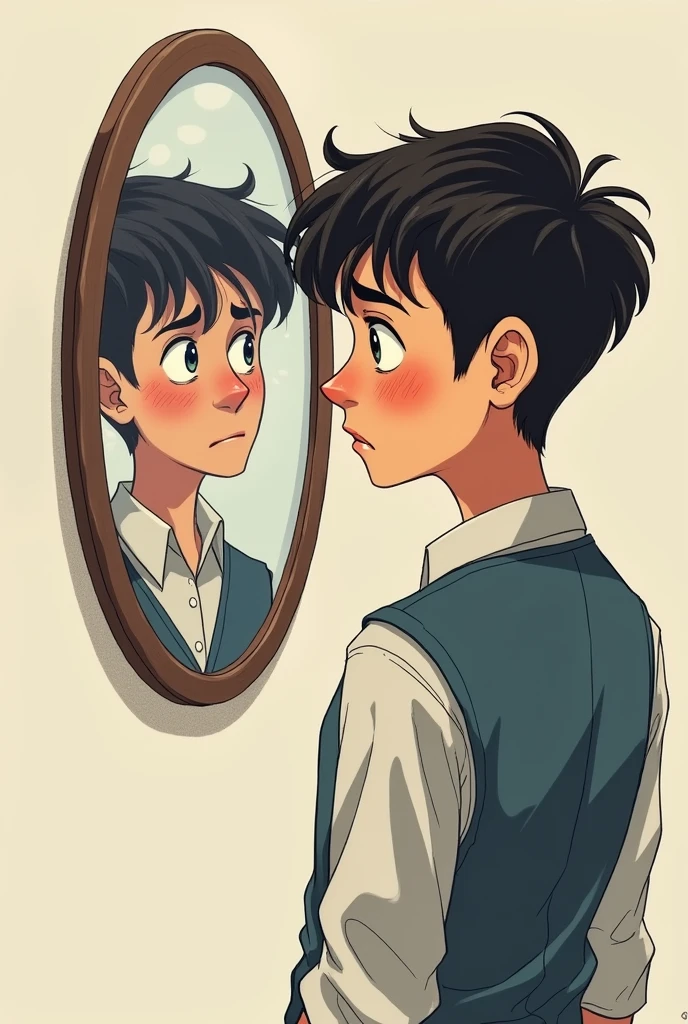 A young and mature (male)person with formals shirts looking himself in the mirror with deep sadness because he is realizing he is not good enough. And the image should be look as a sketch.And the face of the boy should look like a cartoon. THIS image was good just remove the red color on boys cheek. And make him look like aged between 18 to 25