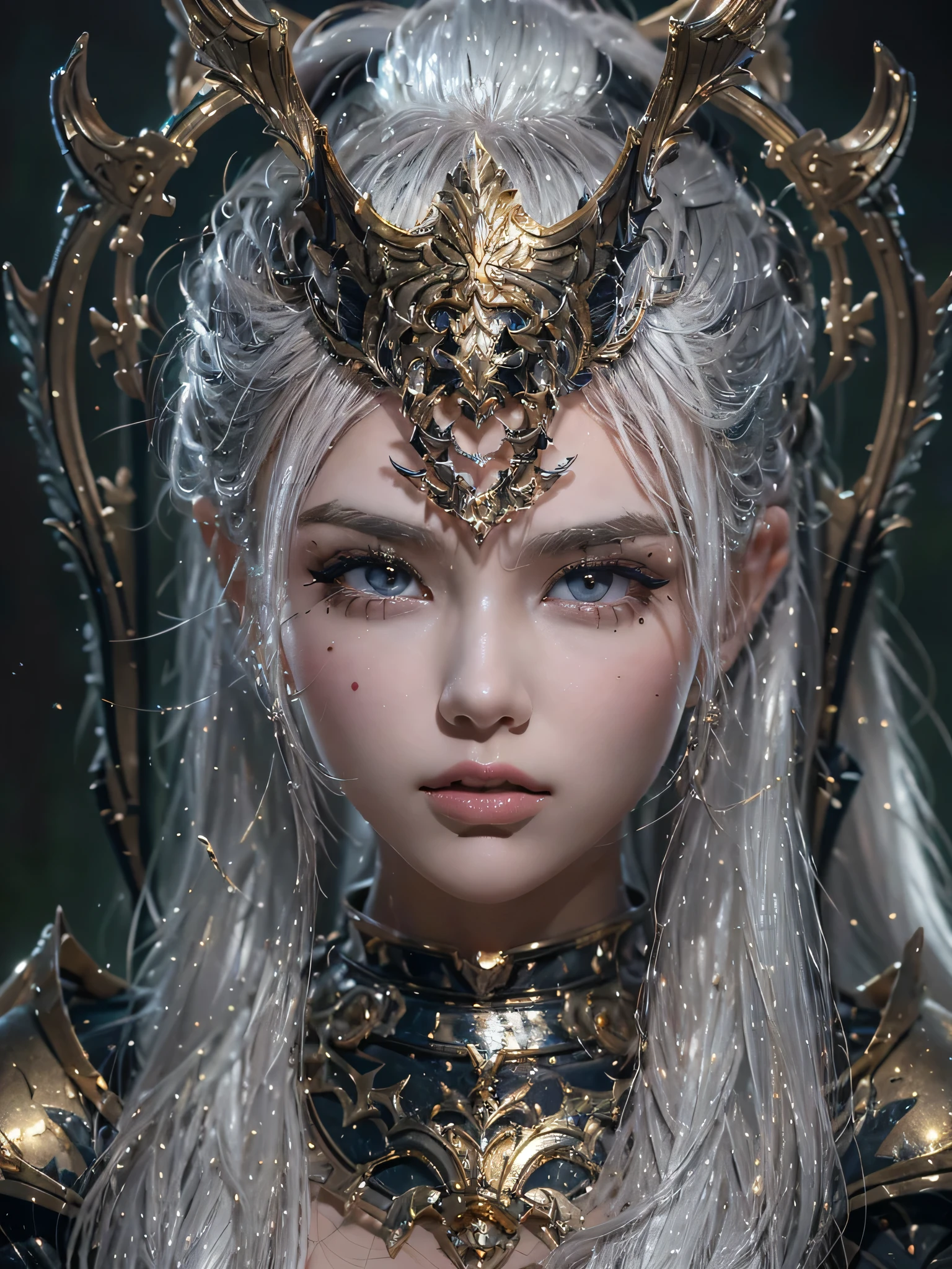 masterpiece, Raw photo，photorealism，High resolution，highest quality，High resolution, perfect composition, perfect face, perfect body, 16k，cinematic lighting，
Fantasy warrior queen, silver hair，hip，latex，black，attractive，Castle Background、costume showing collarbone、close up of face、gold and black metal, badass, sexy, teasing the viewer