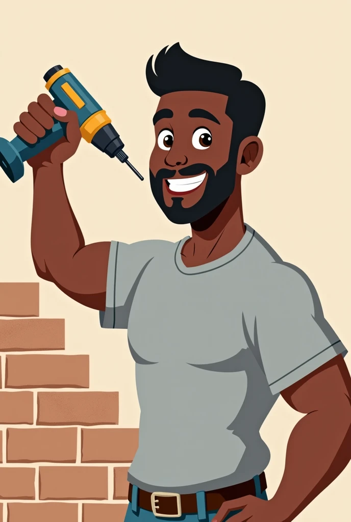 Black man with goatee and neat straight black hair smiling with bricklayer's drill in raised hand wearing light gray t-shirt in cartoon