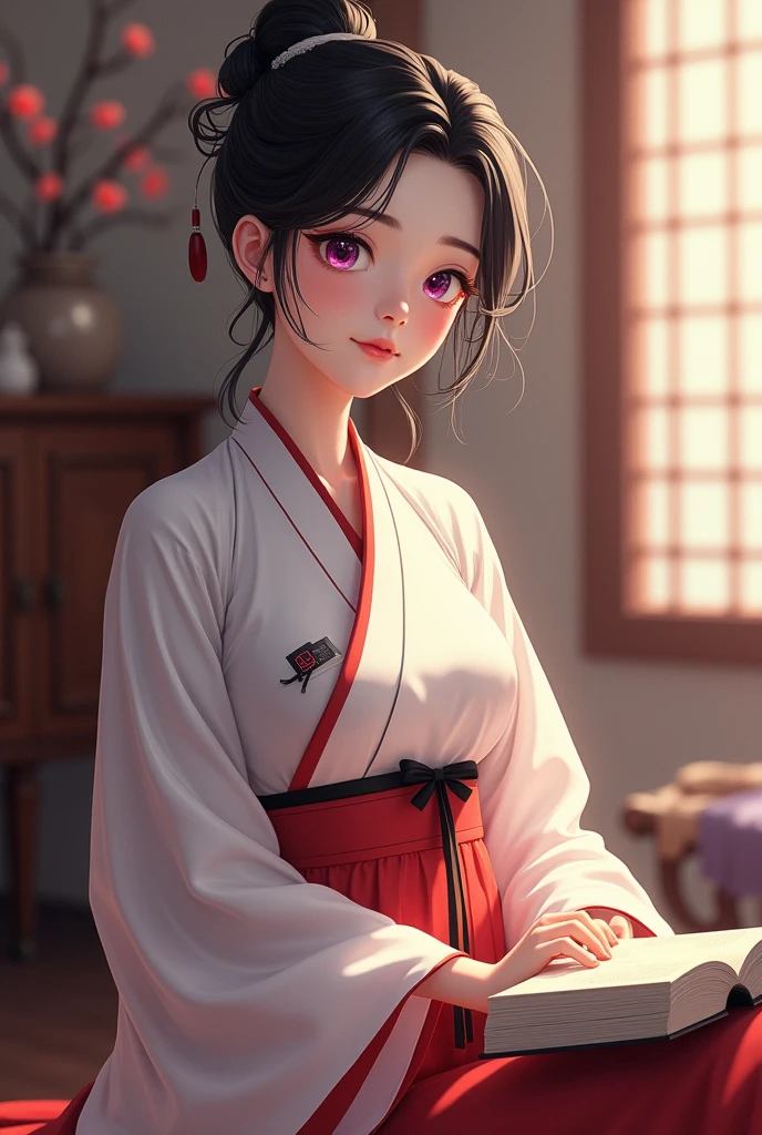 A Chinese girl wearing a white and red hanfu (not cleavage revealing clothes) with a small black bow, black hair, purple eyes, pink lips, small chest, slender, sitting in a room with a book on a table