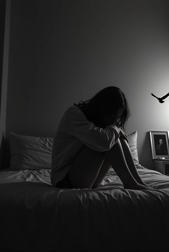 A grayscale image of a person sitting on the edge of a bed, holding a framed photograph. The person's head is bowed, and their shoulders slumped, conveying deep sorrow and regret. The photograph is slightly tilted, with the image inside barely visible, symbolizing how the past, once cherished, now brings pain. The room is dimly lit, with shadows casting a melancholic atmosphere. In the upper right corner, a small eagle emoji 🦅 flies upwards, symbolizing the strength needed to move past the pain of memories."