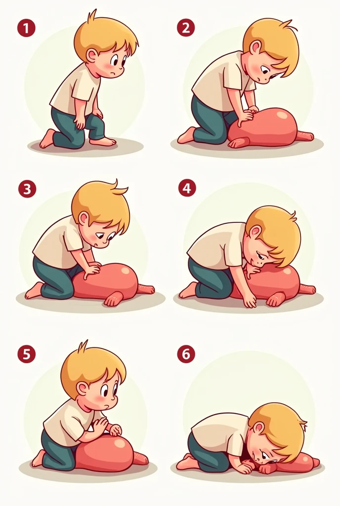 I want an image that portrays: The steps to perform the Heimlich maneuver on a child Modern and vector, with smooth, clean lines, and vibrant colors. Cartoonish but realistic. Color: Using a palette of bright and contrasting colors that are pleasant and eye-catching. FORMAT: Illustrations arranged in a book or manual style. This illustration is intended for a guidance and training manual, so it must be clear, accessible and visually appealing."
