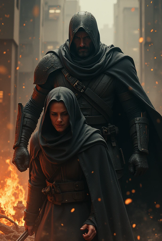"Create a powerful image of a person protecting another's life. Depict one individual actively shielding or guarding another in a moment of danger or vulnerability. For example, the protector could be standing in front of the other person, using their body to shield them from harm or extending a hand to prevent them from stepping into danger. The person being protected should appear relieved or grateful. The setting should highlight the tension and urgency of the situation, such as a dramatic, high-stakes environment or a hazardous location. Use strong contrasts and dynamic lighting to emphasize the protective gesture and the sense of sacrifice and courage involved in safeguarding another's life."
































