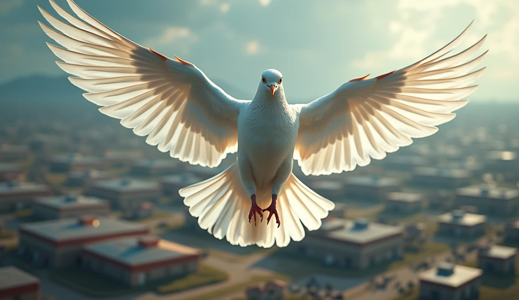 a white pigeon in a farm, detailed pigeon feathers, detailed pigeon eyes, pigeon flying, pigeon coop, industrial pigeon farm, high quality, detailed, photorealistic, 8k, professional, studio lighting, vibrant colors, cinematic lighting, dramatic lighting