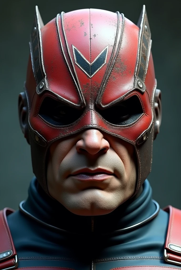 Create an image of a retro 1997 superhero mask. The mask should have a classic, rugged design reminiscent of the 90s comic book style. It covers the upper half of the face, with angular eye holes that give it an intense, determined expression. The material should appear as sturdy leather or flexible metal, with slight wear and tear to give it a battle-worn look. The mask features a prominent, bold emblem or symbol at the forehead, reflecting the hero's identity. The color scheme should be a mix of deep reds, dark blues, and metallic accents, evoking the gritty yet vibrant aesthetic of 1990s superhero designs. The background should be simple, highlighting the mask as the main focus, with subtle shadows to emphasize its three-dimensional form.