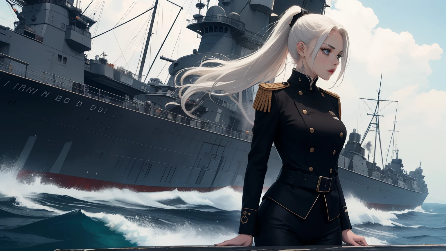 Hot young woman, long white hair, ponytail, admiral's uniform, many nautical tattoos, black make-up, high boots, high quality, best quality, high details, blue eyes, perfect body, old battleship in backround, navy, guns, masterpiece, multilayer, angry eyes 