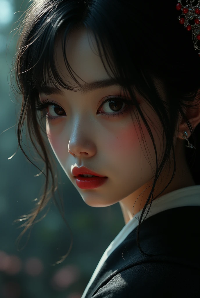 1girl, beautiful detailed eyes, beautiful detailed lips, extremely detailed face, long eyelashes, japanese, dark princess, cute face, elegant, graceful, dramatic lighting, dark fantasy, highly detailed, digital painting, concept art, realistic, cinematic, dramatic shadows, moody colors, rich colors, atmospheric,