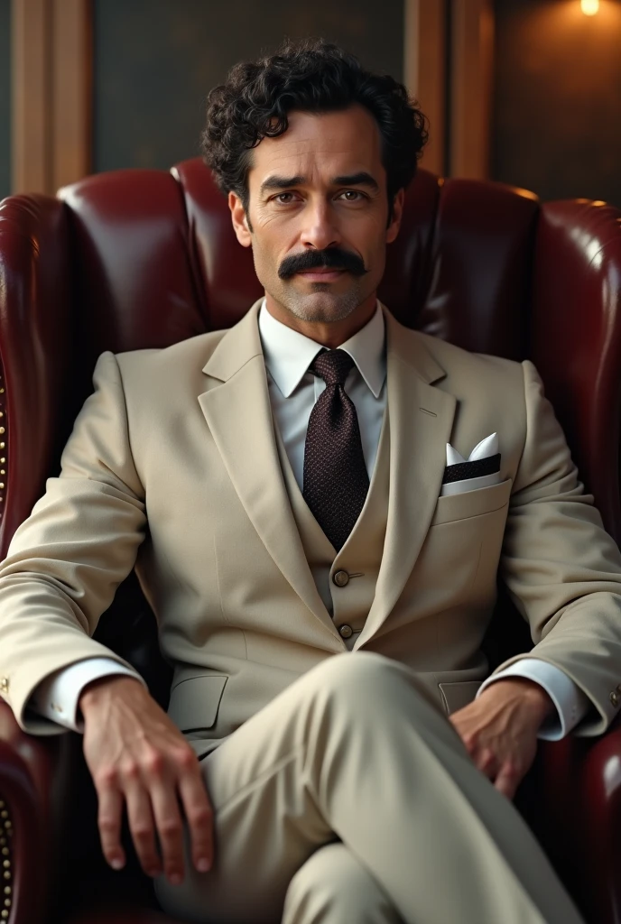 In this image, a man with a classic and slightly formal appearance is seated in a leather chair. He is wearing a light-colored suit with a tie, and he has curly dark hair, a mustache, and a confident expression. The setting suggests a business or official context, and the overall mood is one of authority and presence.