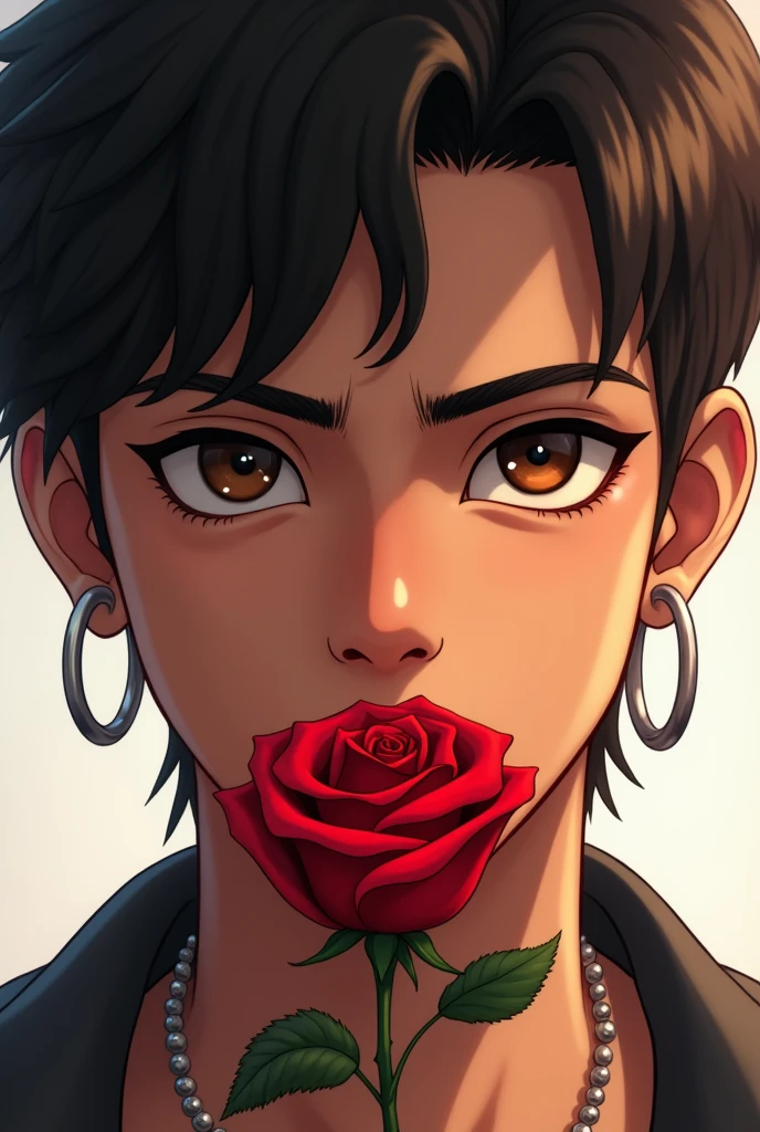A little Indian boy with a very manly earring with a rose in his mouth, anime-style, very attractive, but tender at the same time and flirtatious, more tender and masculine with the silver earrings and a little more tender.