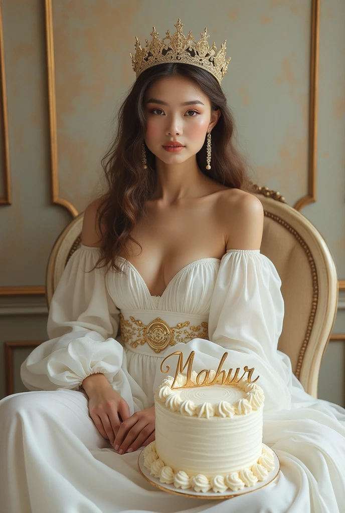 A beautiful woman. Sitting next to a cake. A crown on her head. Wearing a white full body cover frock. Name written "Mahur" of the cake. Metallic image.