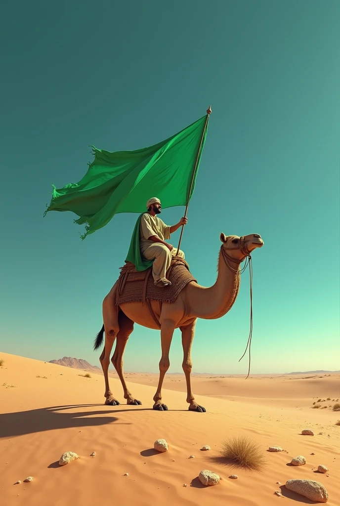 A camel in desert, sit a man on it. With green flag