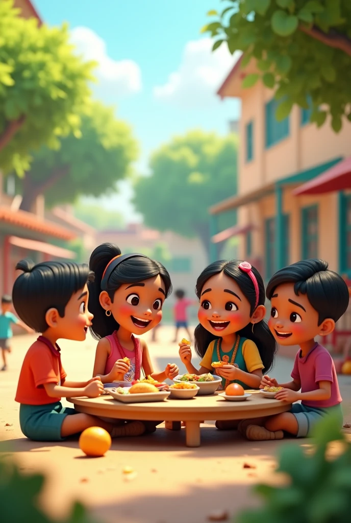 In cinematic 3d cartoon style' Lunch Break: "A group of friends sitting together in a school playground, sharing their tiffin boxes. They are enjoying a light-hearted moment, exchanging food with smiles and laughter. The playground is full of energy with kids running around, playing games, and soaking in the warmth of the afternoon sun. The scene is bright, with a mix of greens and yellows, symbolizing the carefree joy of lunchtime