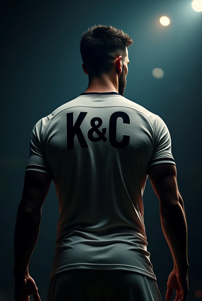 crea un imagen de un futbolista de espaldas con un fondo oscuro que solo se le vea la parte de la espalda al jugador y que mire hacia a atrás que la imagen tenga más zoom que en la parte trasera de la camisa diga esto K&c  