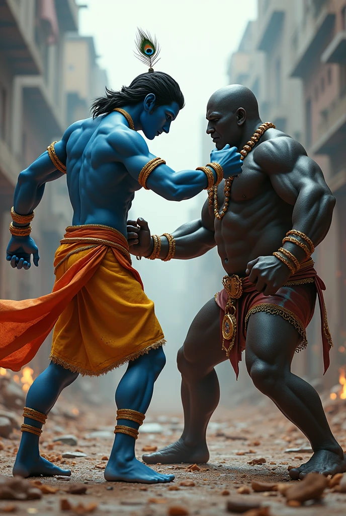 3d muscular small teen krishna with skin blue colour wearing gold ornaments peakock one feather on head
fights with 3d heighted dark fat man highly graphic war scene depicting them engaged in martial arts