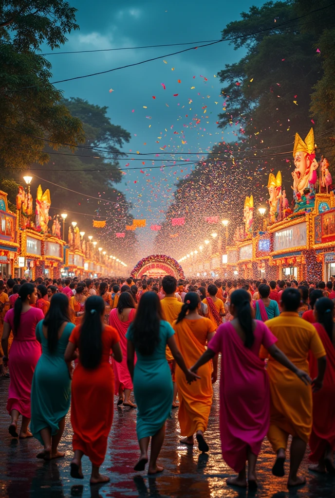 People dancing in ganesh immersion on the road and also some confetti in the night