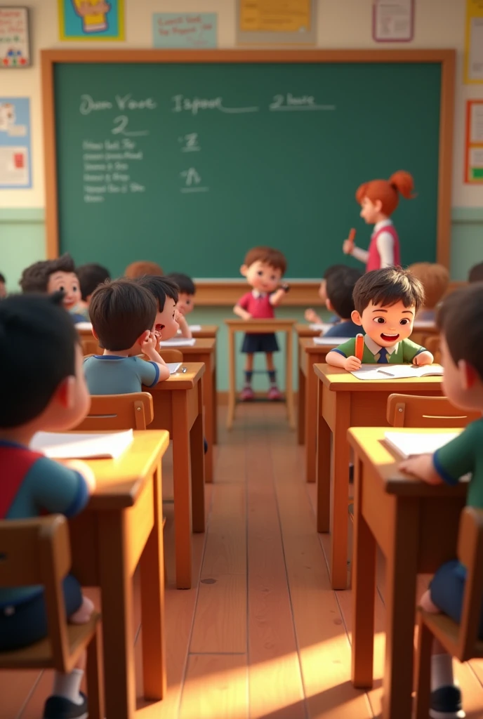 In cinematic 3d cartoon style' Classroom Scene: "A lively classroom filled with students, some laughing and whispering while a teacher is writing on the blackboard. The students are sneaking in conversations with grins on their faces, capturing the essence of playful school days. The classroom is vibrant, with wooden desks, books, and colorful posters on the walls. The teacher appears focused, unaware of the students' chatter, creating a nostalgic vibe of mischievous moments."

