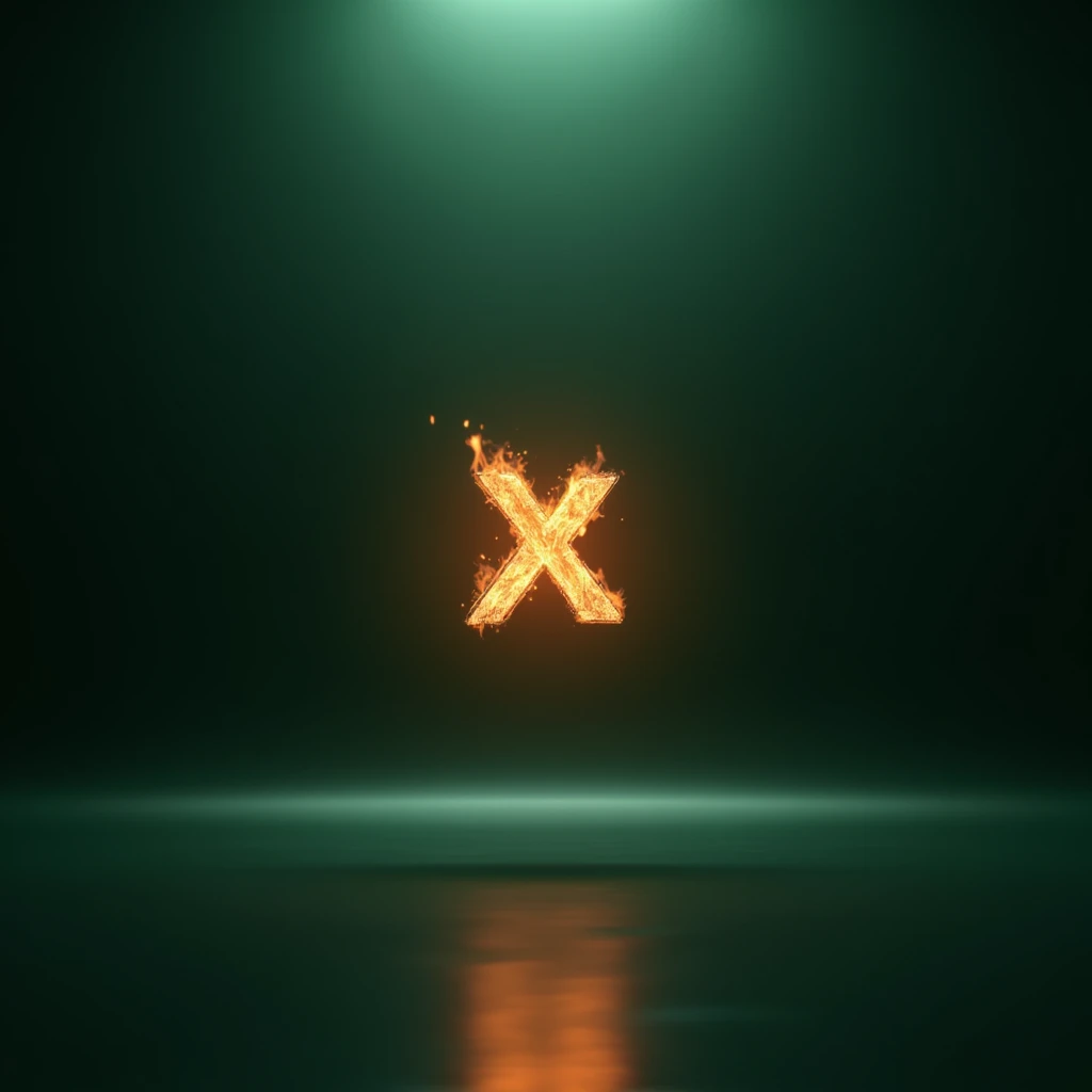 A dark green chrome background and a small X in the middle floating on fire