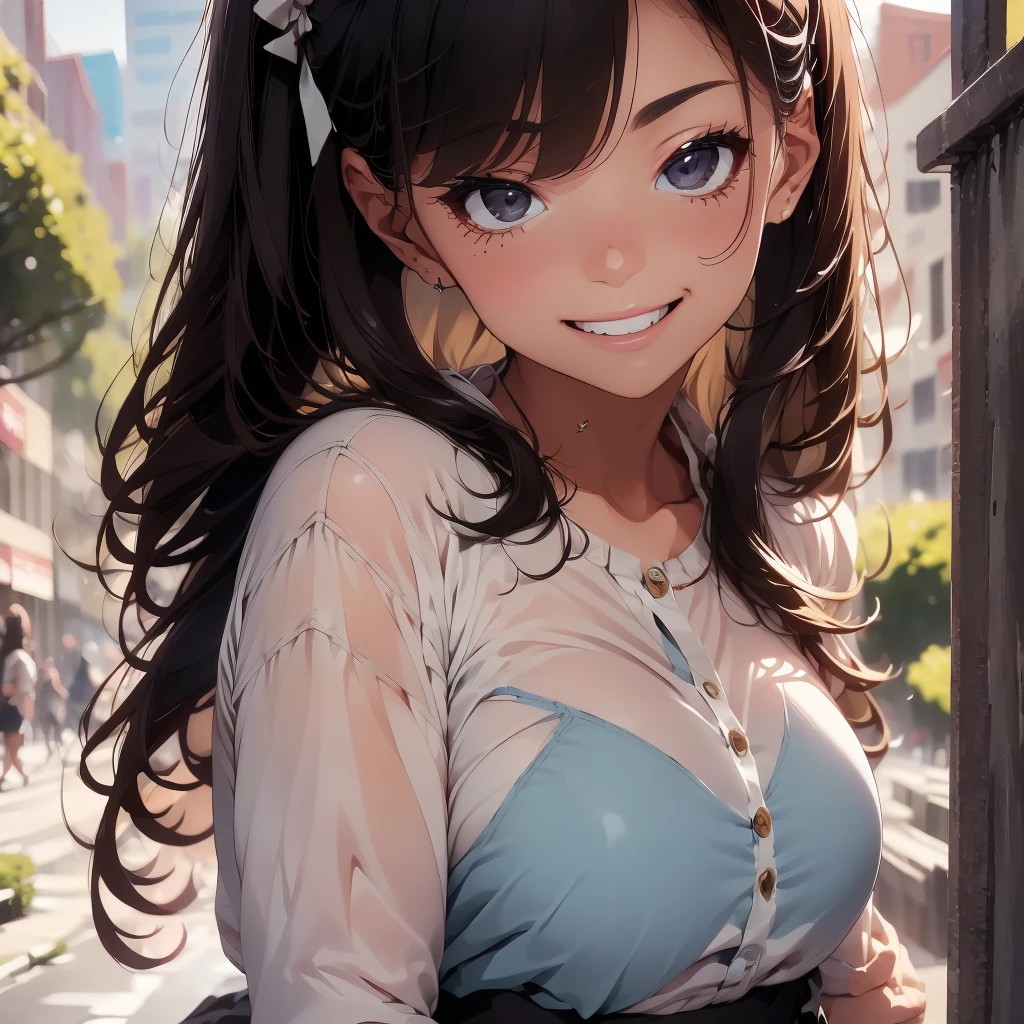 Highly detailed face, ((Open your eyes)), cute, Vibrant colors, Soft natural light, Bokeh effect. clothing(one piece)、(((ear))), Professional photography, Street Snapshots, Vibrant colors, (smile, Laughter),from the front