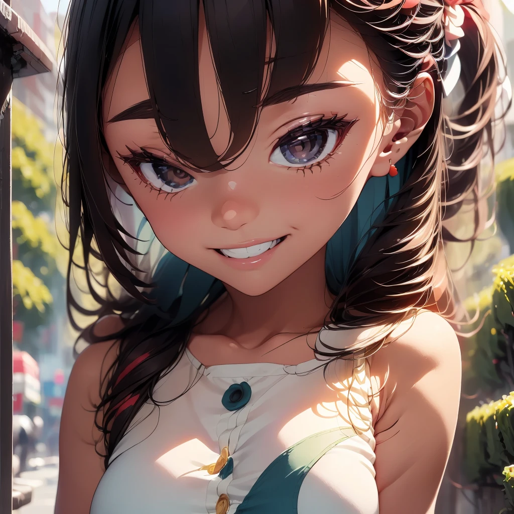 Highly detailed face, ((Open your eyes)), cute, Vibrant colors, Soft natural light, Bokeh effect. clothing(one piece)、(((ear))), Professional photography, Street Snapshots, Vibrant colors, (smile, Laughter),from the front