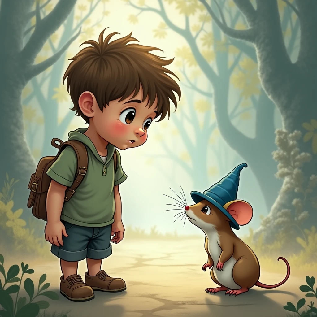 or  (( boy)) looking at a little mouse (( animal))、who wears a small blue hat. Fantasy Creation Illustration. tamanho: 1080px por 1920px