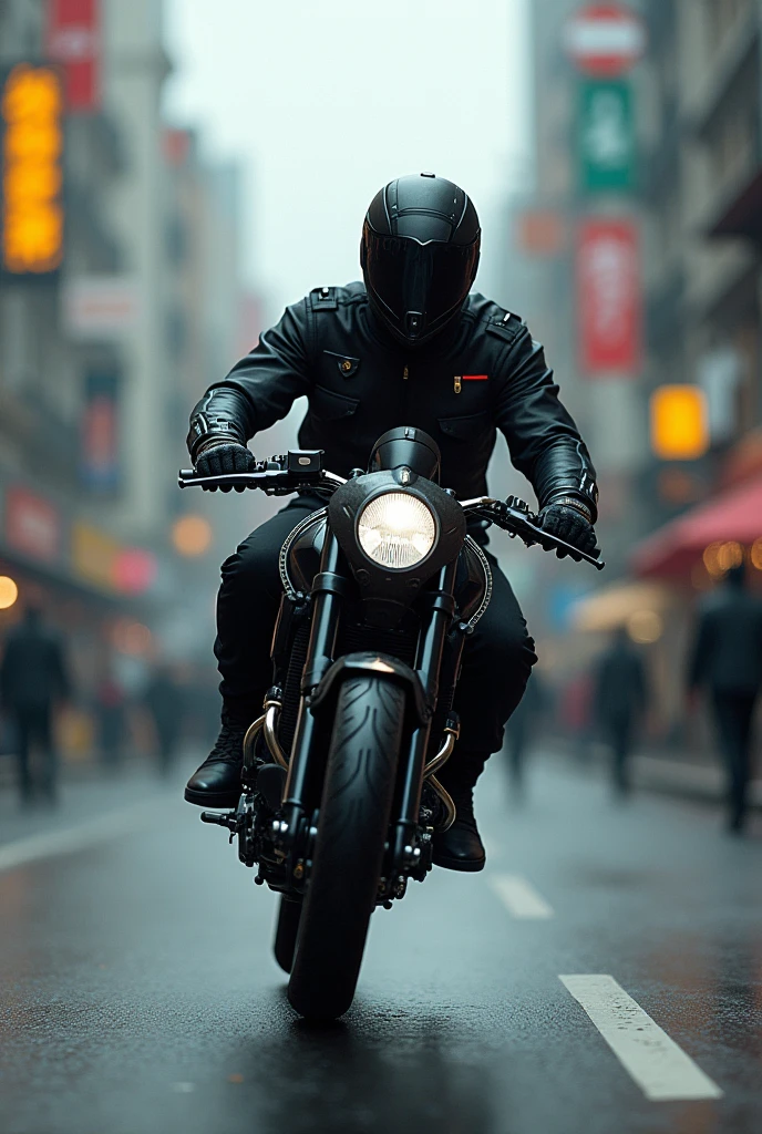 Cyberpunk video playground KAMERON BELOCH was a man he got clean face he wearing black motorcycle dress all black gloves black masks diving in the streets people in the city